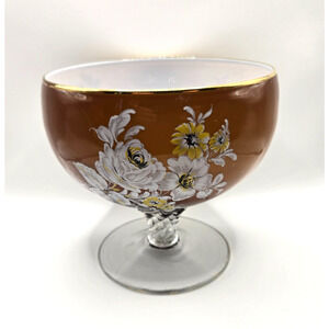 VTG CZECH BOHEMIAN GLASS PEDESTAL CANDY DISH W/GOLD GILT & ENAMEL FLOWERS